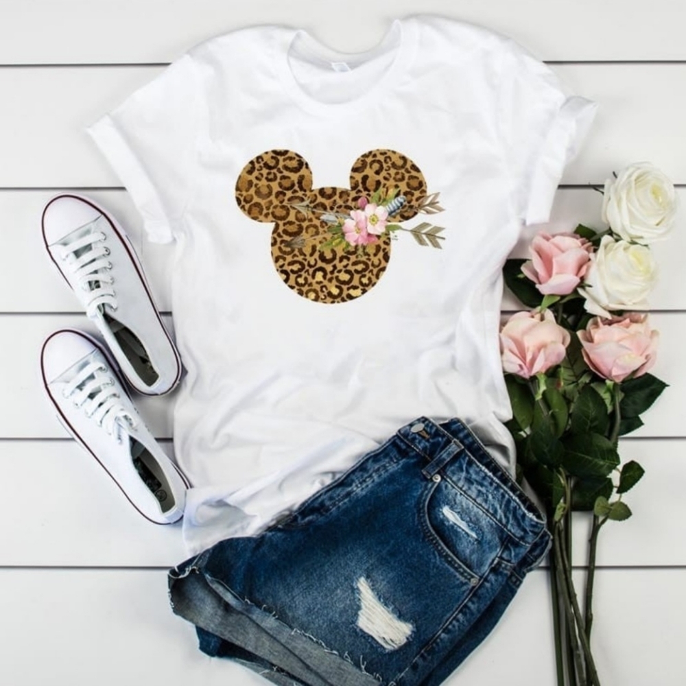 Chase NWOT Mickey Leopard or Camo Floral Graphic Soft Stretchy White Tee - Picture 3 of 3